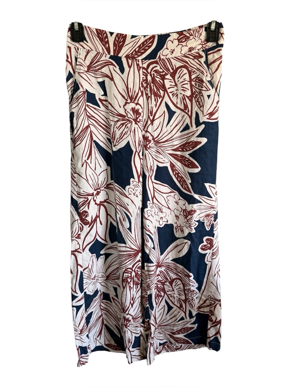 Rachel Zoe Women's Linen Blend Navy Cream Red Floral Wide-Leg Pant Small